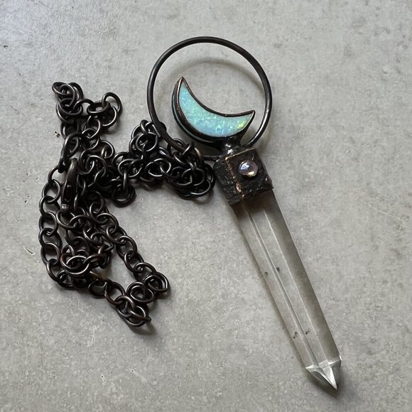 Quartz, Monarch Opal Crescent Moon Necklace in Electroformed Copper by Query Eve - Picture 5 of 10